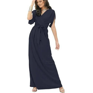 KOH KOH Formal Short Sleeve Cocktail Flowy V-Neck Gown Dark Navy Blue Size Small
